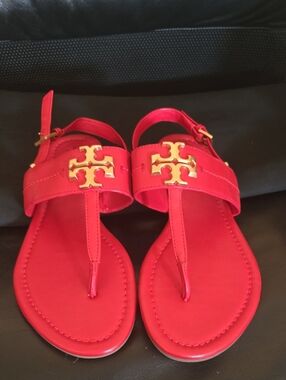 Tory Burch Red Leather Logo Thong Sandals with Gold Hardware